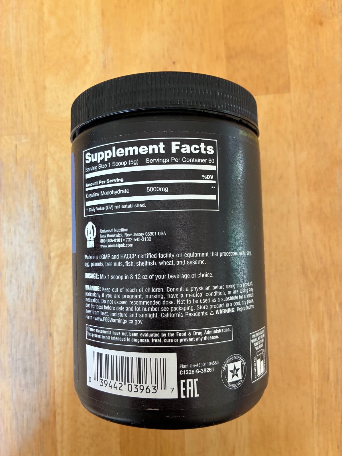 Animal Creatine Monohydrate Powder – 100% Pure – Unflavored – 10.58 oz – 03/2029