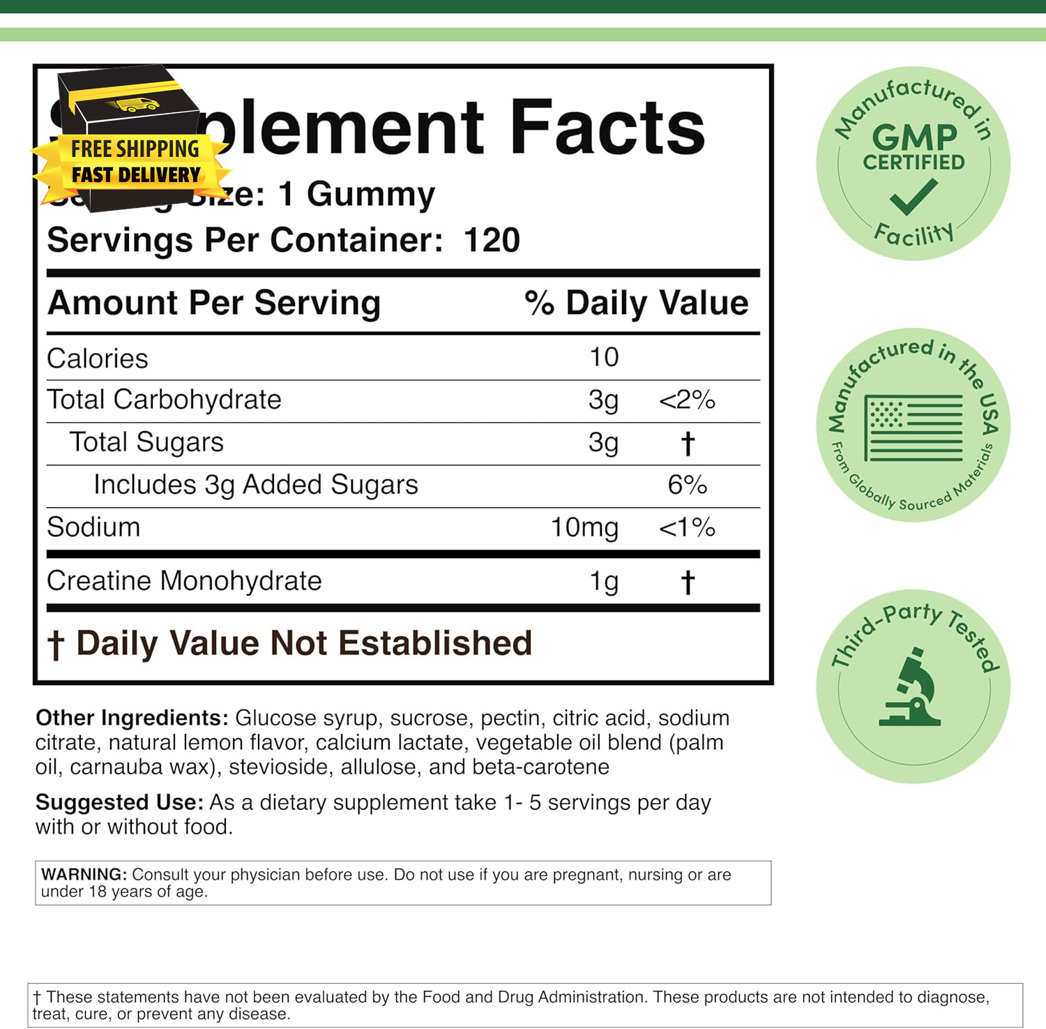 Creatine Monohydrate Gummies – 1G per Serving, 120 Count – No Fillers, Vegan Saf