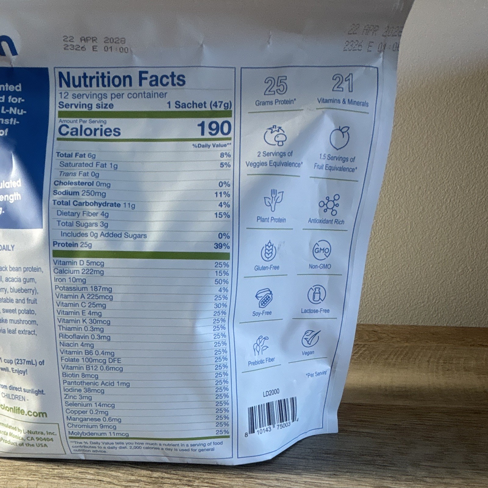 ProLon L-Protein Plant-Based Shake Vegan Non-GMO GF 12 Sachets 47g