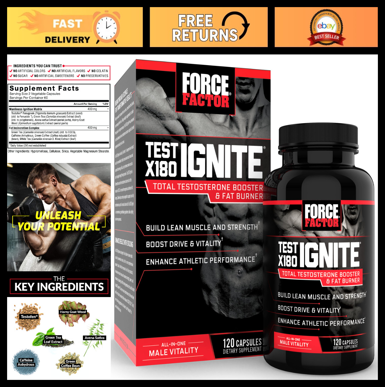 Testosterone Booster for Men – Lean Muscle Support, Energy Boost, Fenugreek & Gr