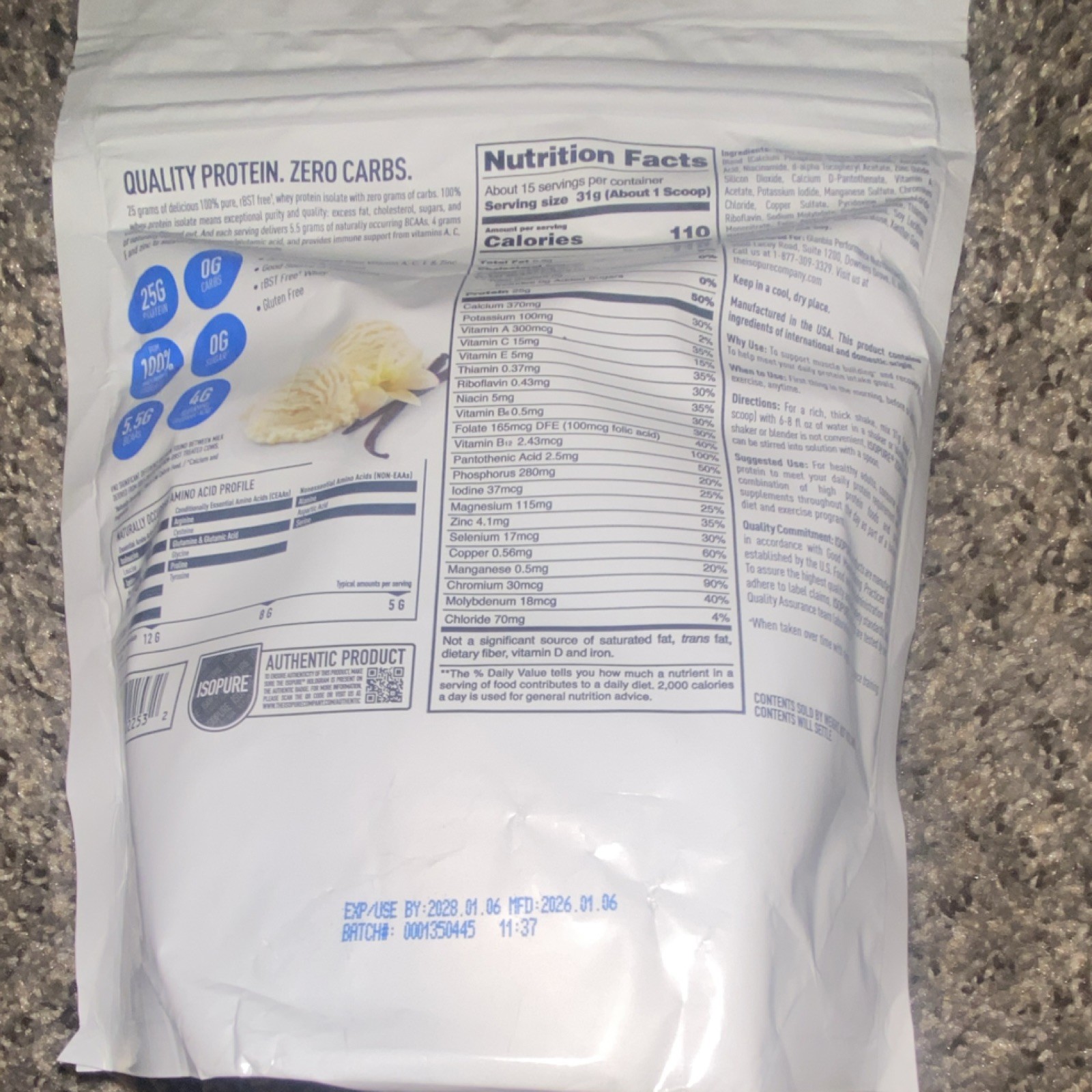 Isopure Zero Carb Whey Protein Isolate Powder Creamy Vanilla 16.4 oz 15 Serv