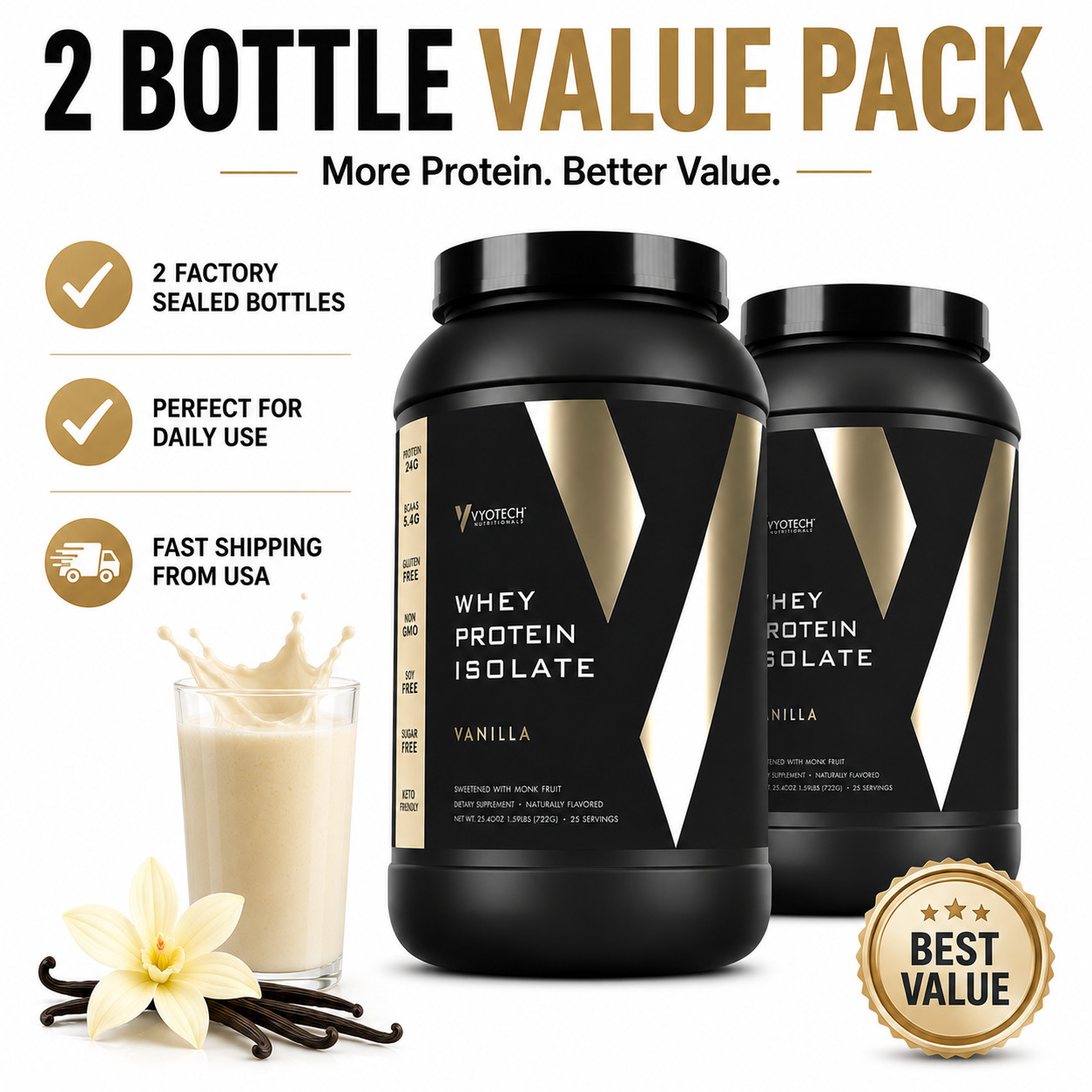 Whey Protein Isolate Vanilla Zero Carb Sugar Free Protein Powder 2 Pack