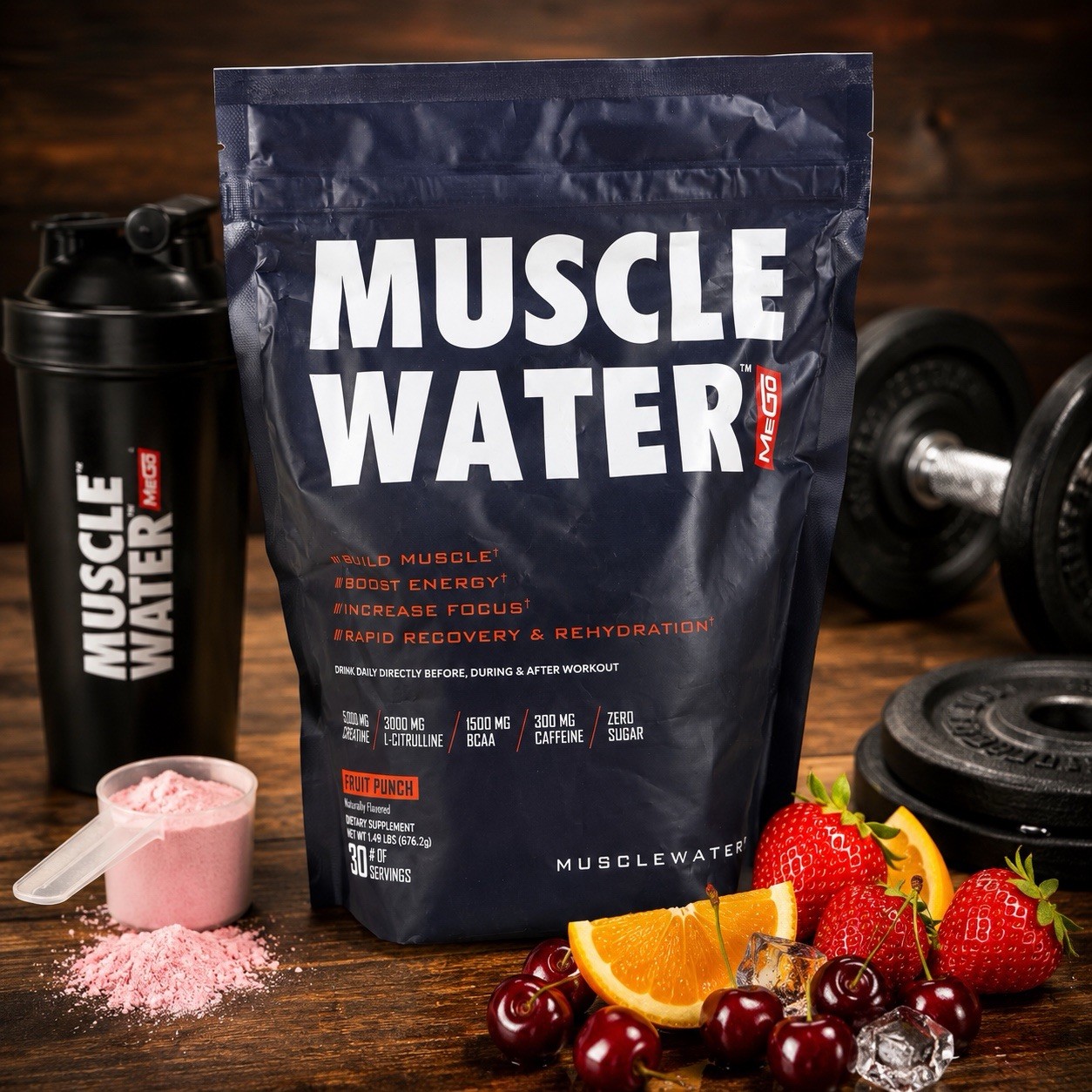 Muscle Water MEGO Fruit Punch Pre Workout Creatine BCAA 30 Servings Exp 08/26