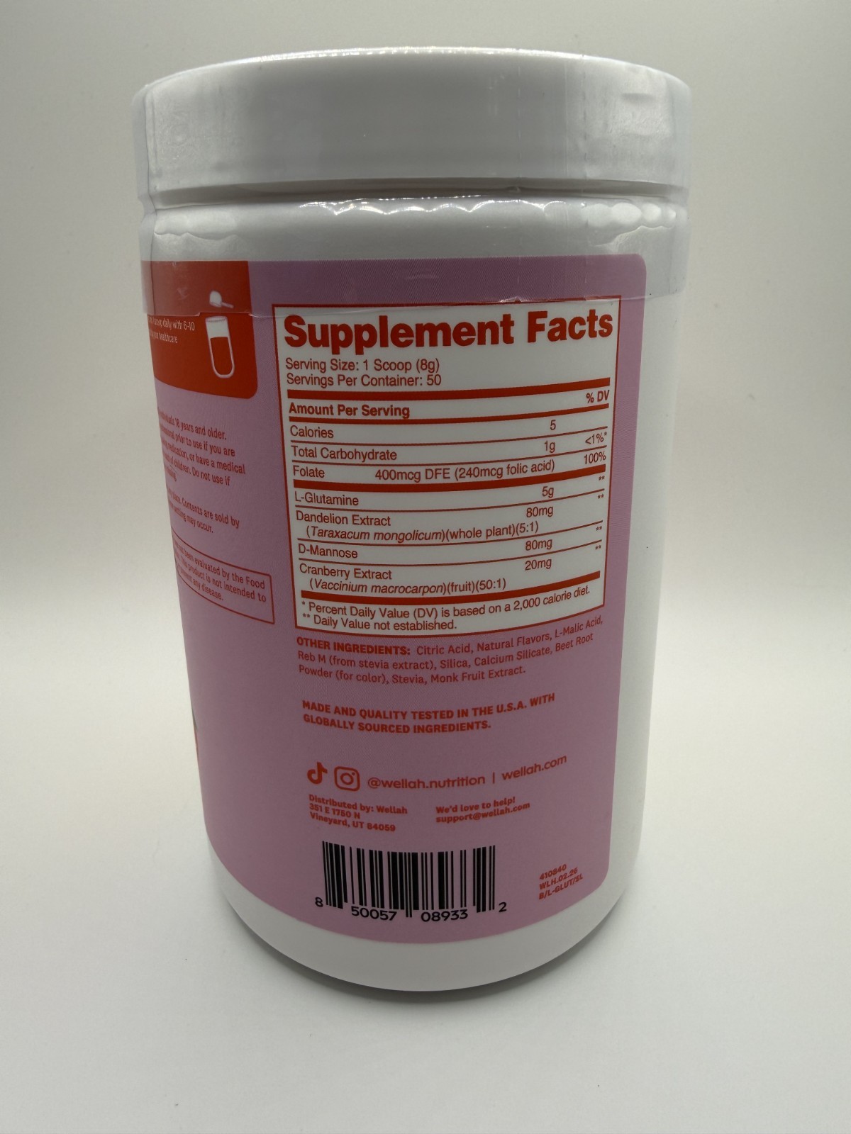 Wellah L-Glutamine Strawberry Lemonade Flavored 5g L-Glutamine 14.5 oz – New