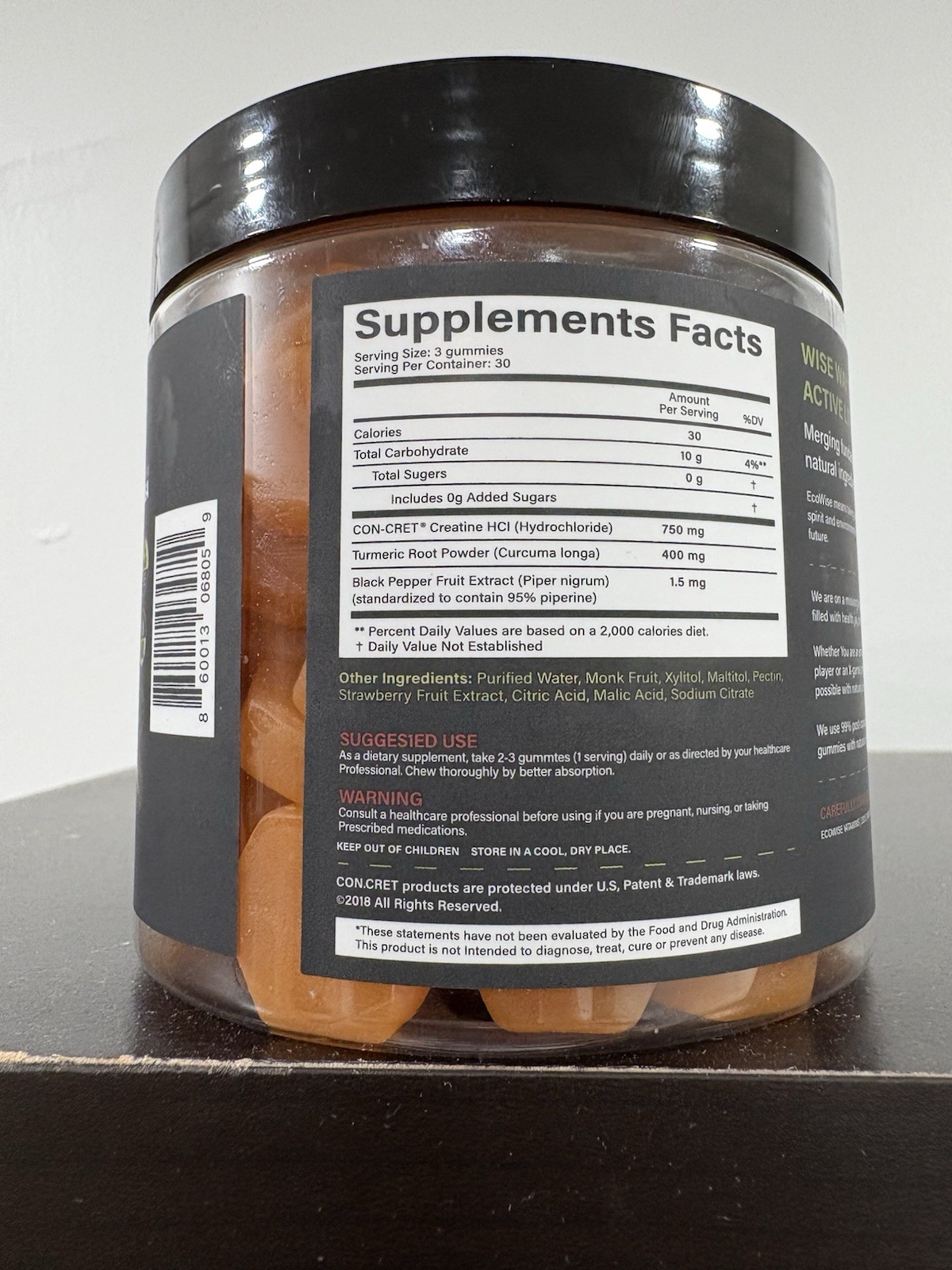 EcoWise Creatine HCL Gummies 750mg – Vegan, Sugar-Free, Strawberry, 90 Ct
