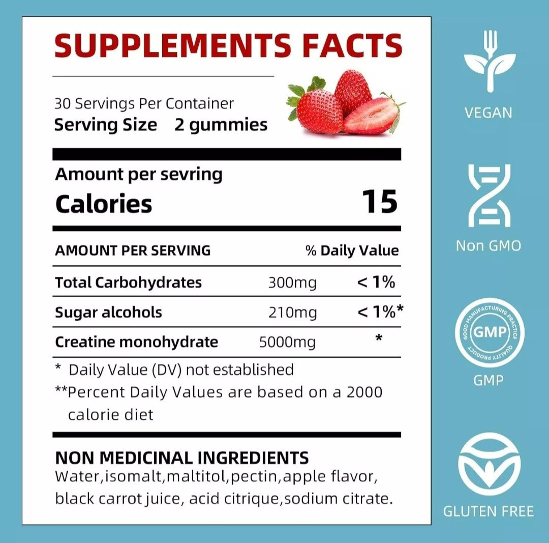 Bageto – Creatine Monohydrate – 60 Gummies – Strawberry Flavor – EXP 11/26
