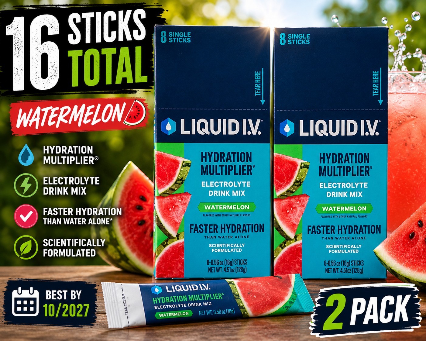 Liquid I.V. Hydration Multiplier Watermelon Electrolyte Drink Mix 2 Pack 16Ct