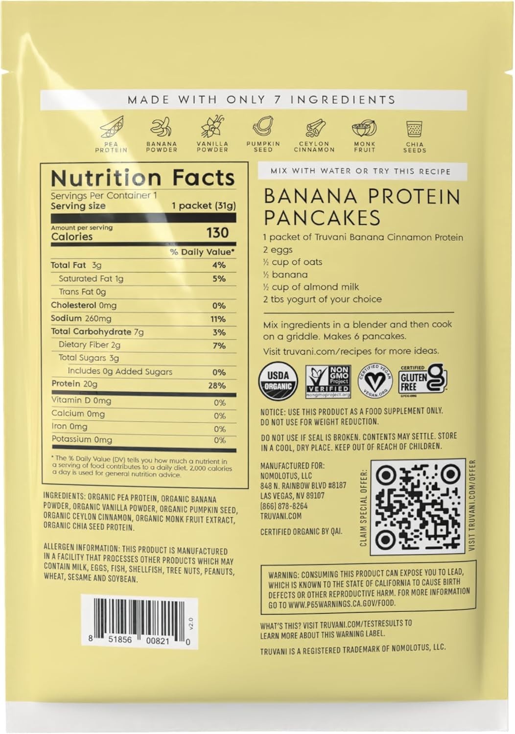 Truvani Vegan Pea Protein Powder | Banana Cinnamon | 20g Organic Plant Based Pro