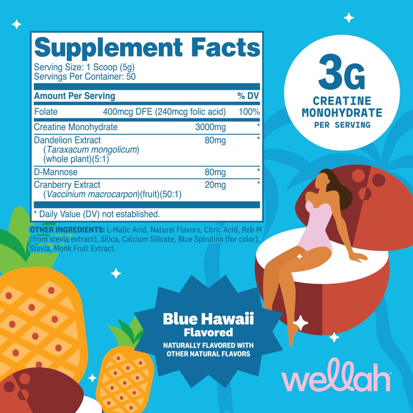 Wellah Creatine for Women (50 Servings) Blue Hawaii – 3g of Creatine Monohydrate
