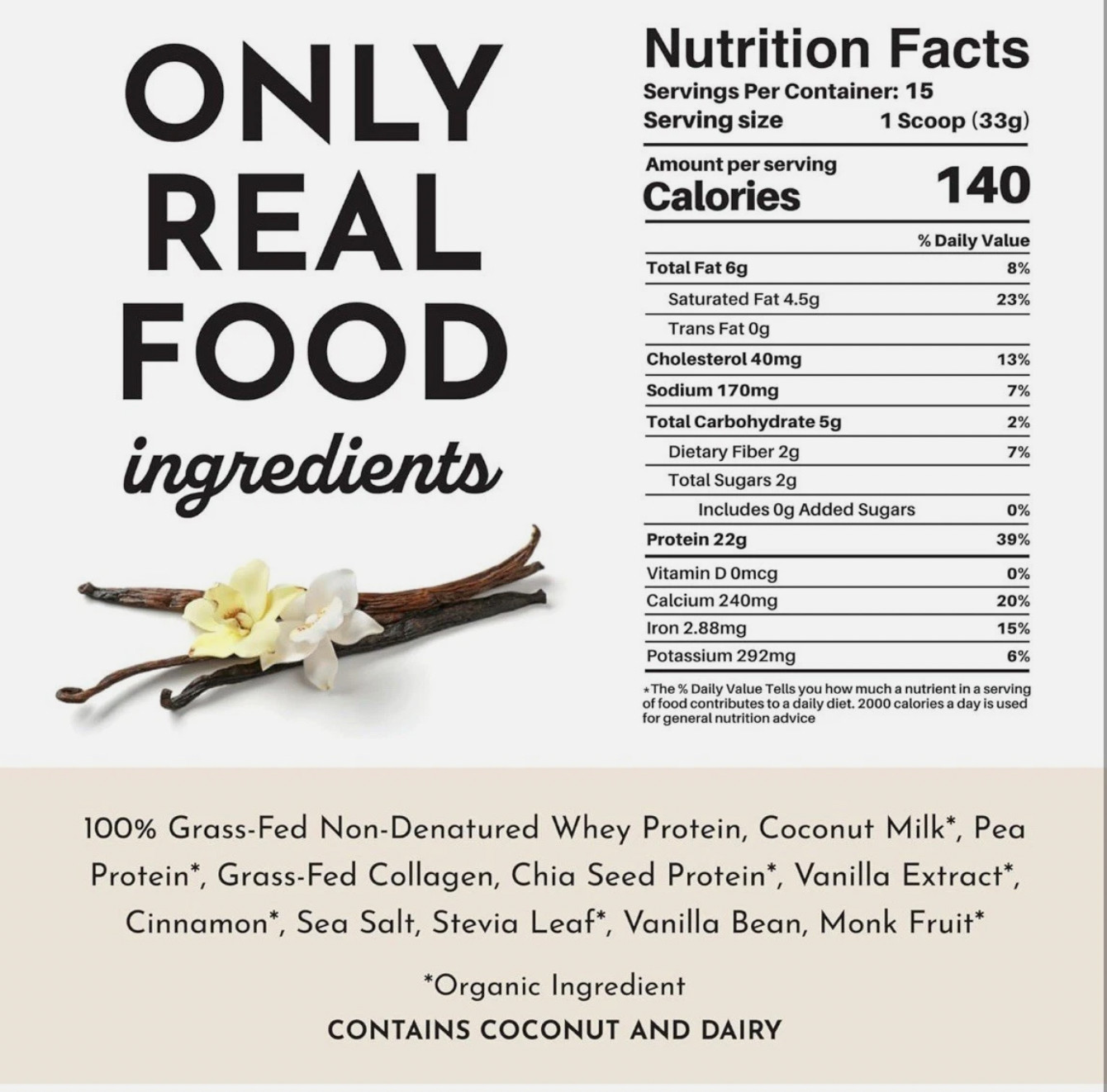 Just Ingredients Vanilla Protein Powder | 22g Protein 15 Servings Grass-Fed Whey