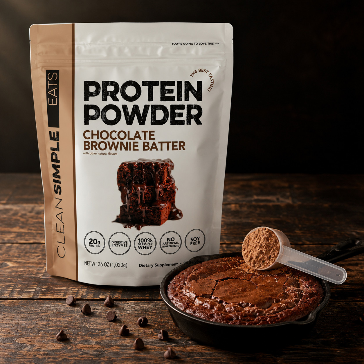 Clean Simple Eats Chocolate Brownie Batter Protein Powder 36oz Grass Fed 30 Serv