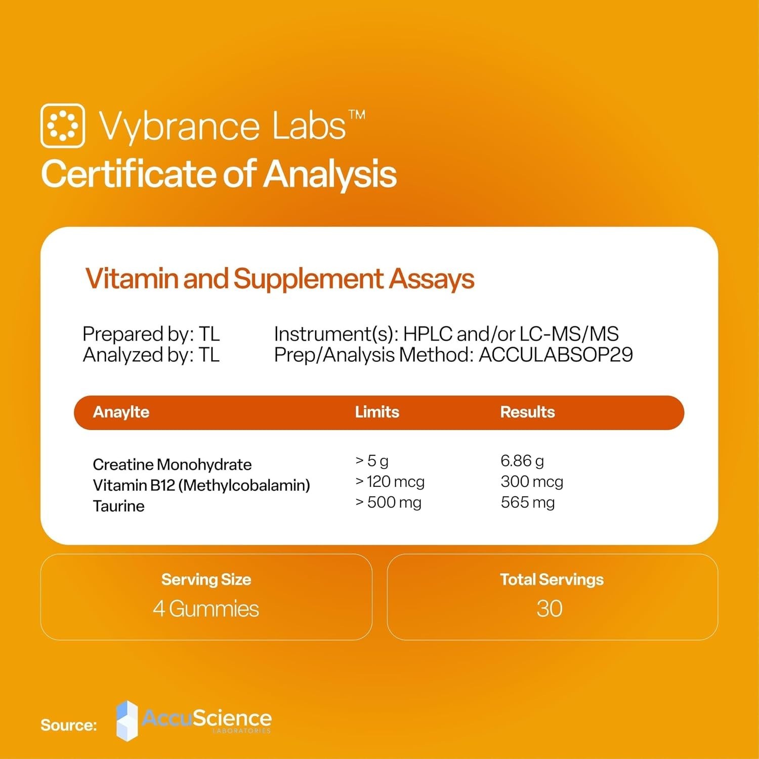 VYBRANCE LABS Creatine Gummies 5g Monohydrate Taurine B12 Vegan Citrus Mango