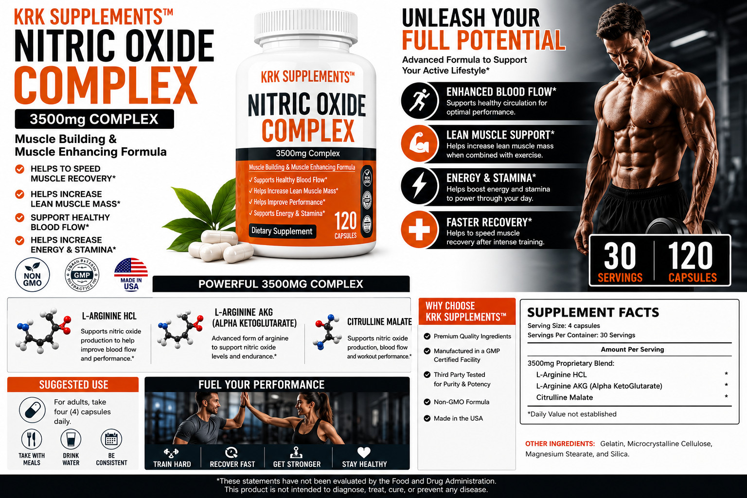 Nitric Oxide Complex 3500mg L-Arginine AAKG Muscle Pump Growth Pills