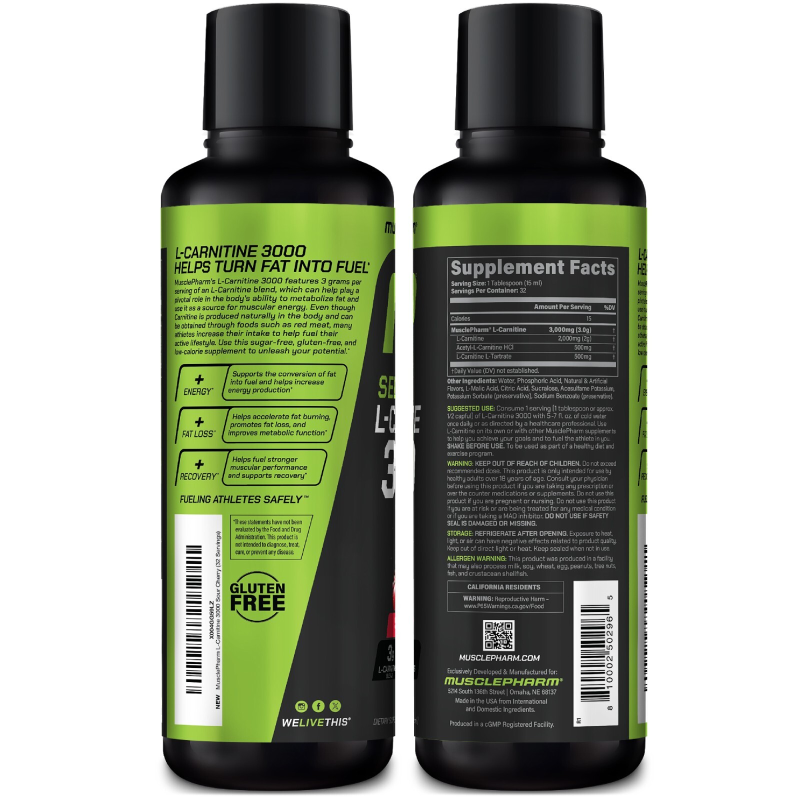 MusclePharm High Performance Liquid L-Carnitine 3000 Sour Cherry 32 Servings