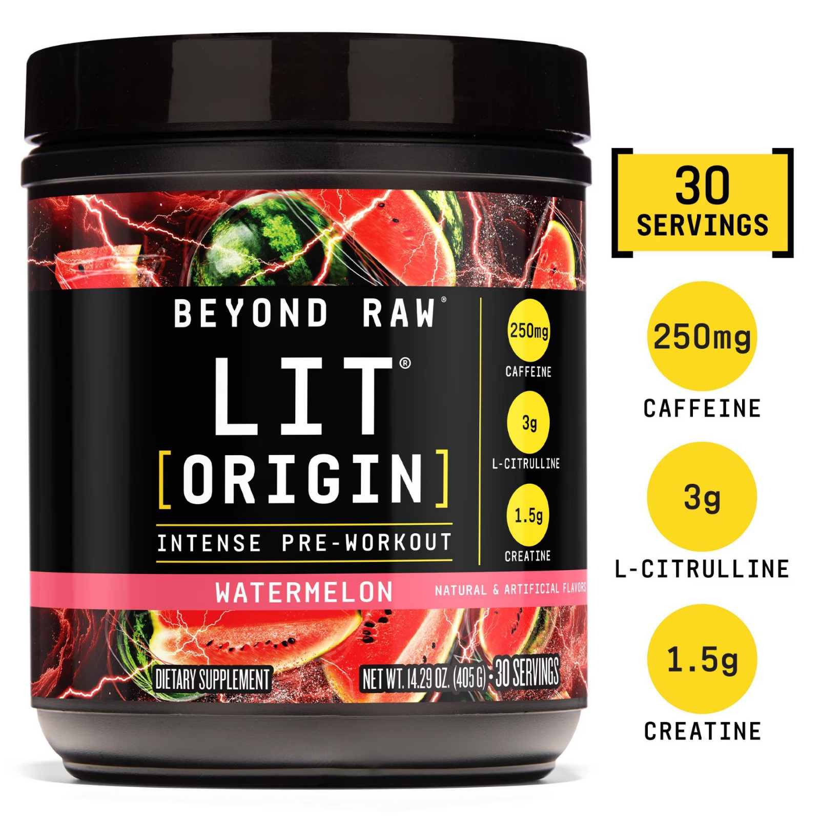 Beyond Raw LIT Origin Pre Workout Powder, Watermelon, for Men & Women, Energy