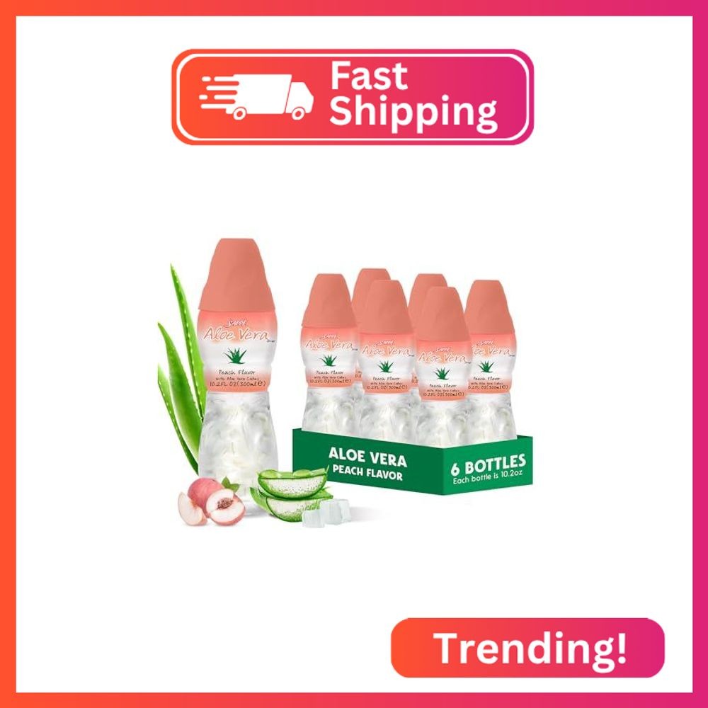 Aloe vera juice (Peach flavored) with bigger chunky pure aloe pulp (6 Packs) Pla