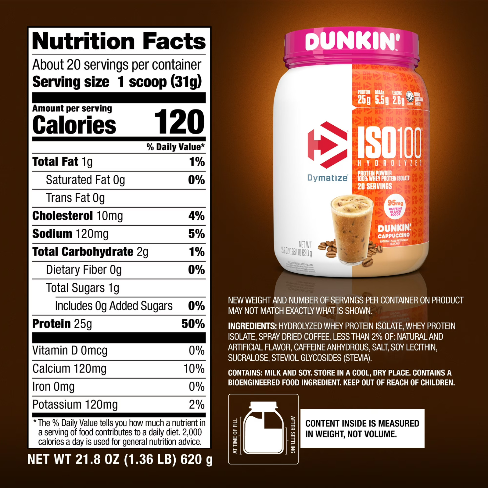 Dymatize ISO100 Hydrolyzed Whey Isolate Protein Powder, Dunkin’ Cappucccino
