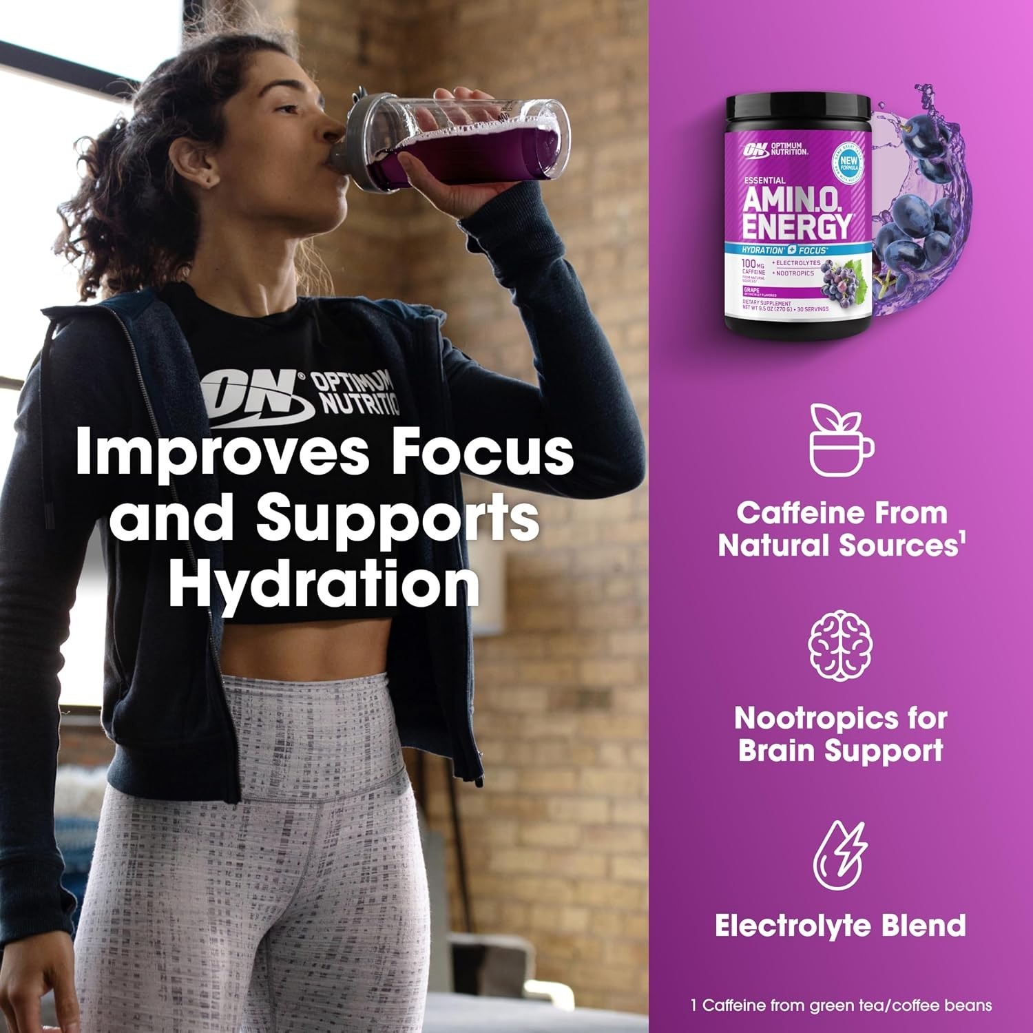 Optimum Nutrition Amino Energy Powder Plus Focus, with BCAA, Electrolytes