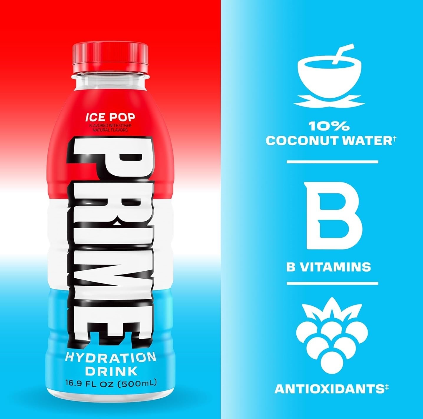 Prime Hydration Ice Pop Electrolyte Drink BCAAs Vitamins 12 Pack 16.9 oz