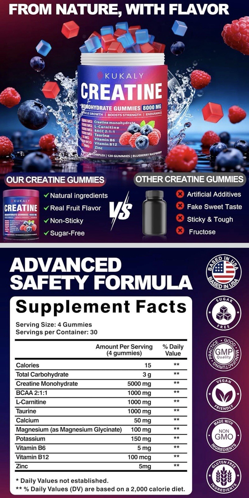 KUKALY Creatine Monohydrate Gummies 8000mg, 120 Count, Blueberry Raspberry