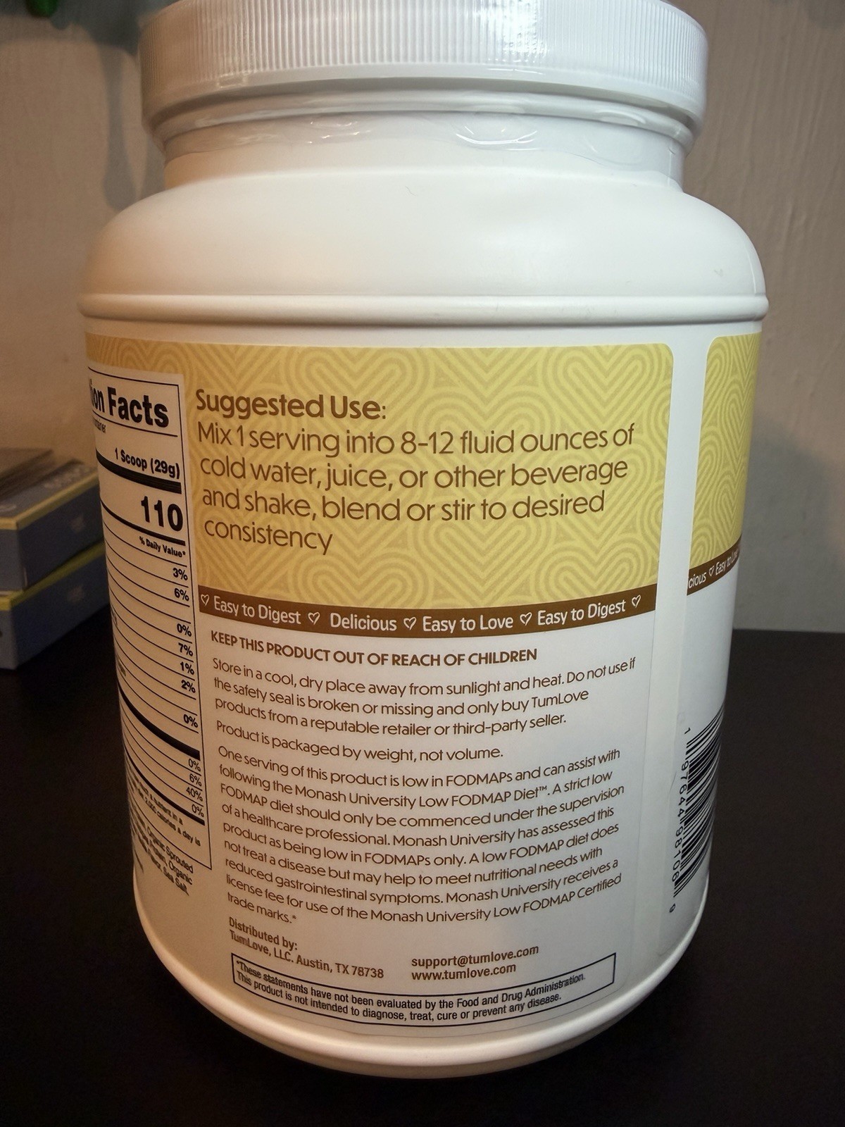 TumLove Gut-Friendly Vegan Protein Powder Vanilla 1.60 lbs Gluten Free Soy-Free