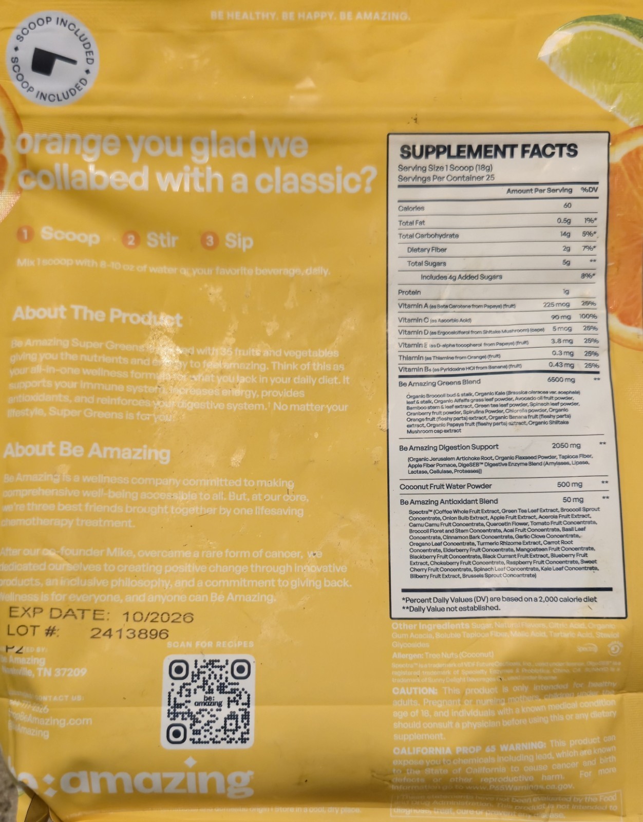 BE Amazing SUPER GREENS 1 Lb Size (25 Serv) Natural Sunny D Flavor BEST BY 10/26