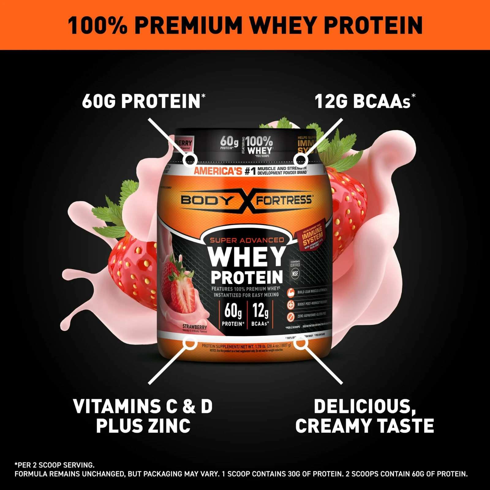2P Body Fortress Super Advanced 100% Premium Whey Protein Powder, Strawberry