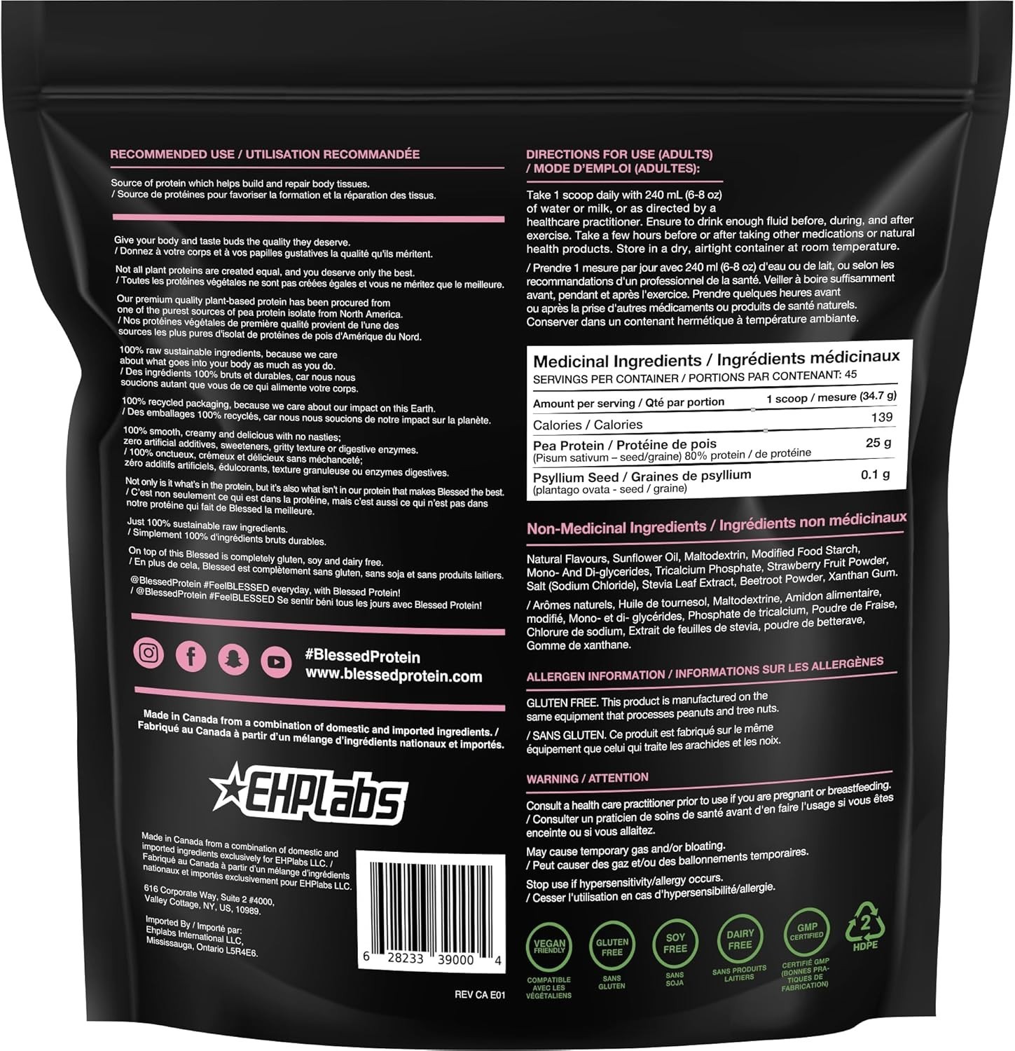 EHPLabs Blessed Plant Protein 3.44lb 45 Serving Strawberry Mylk French label