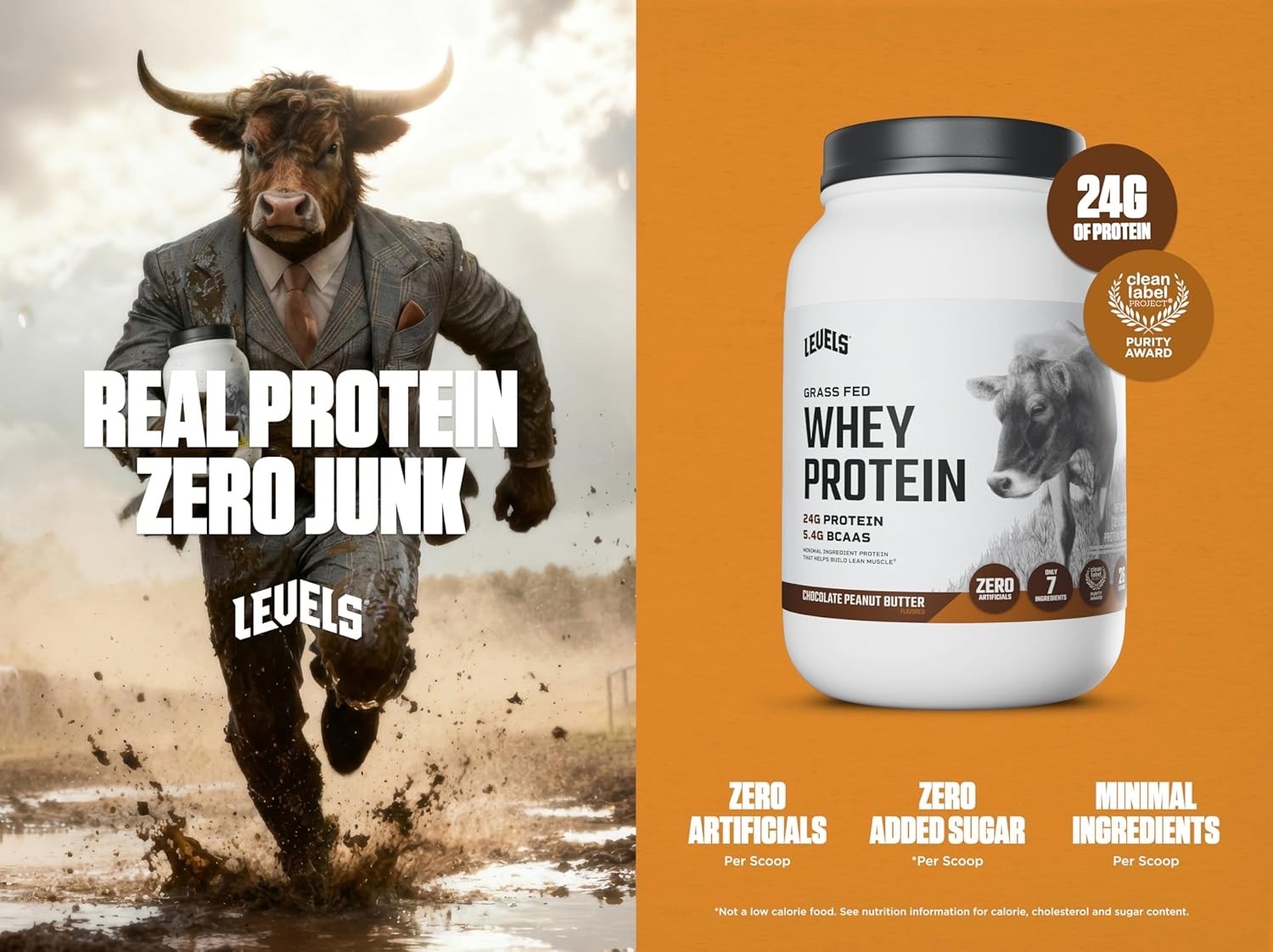 Levels Grass Fed Whey Protein Powder, 24G of Protein, Chocolate Peanut B, 2LB