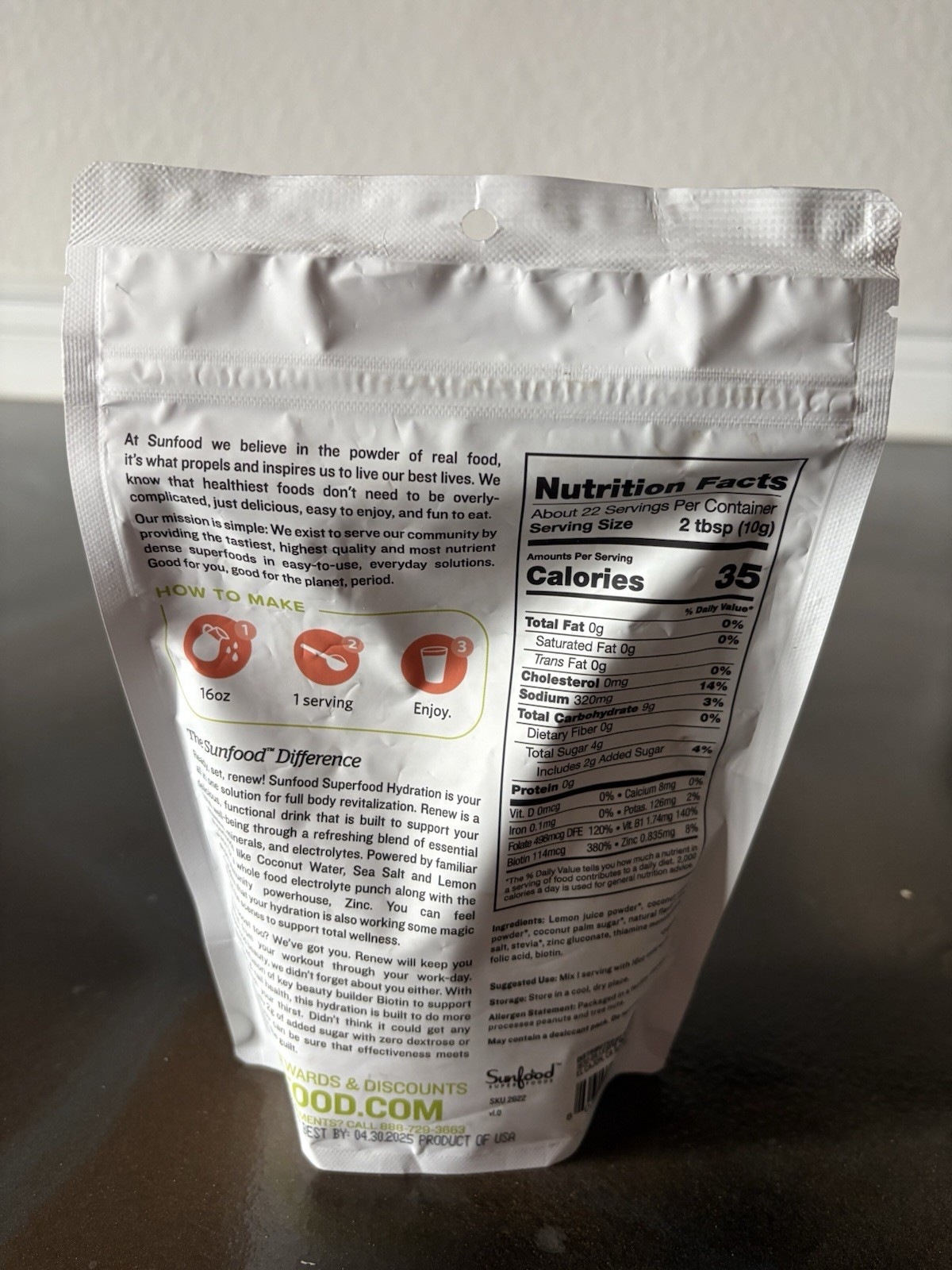 Sunfood Superfood Hydration Renew Sour Watermelon Vitamins Electrolytes 8 oz.