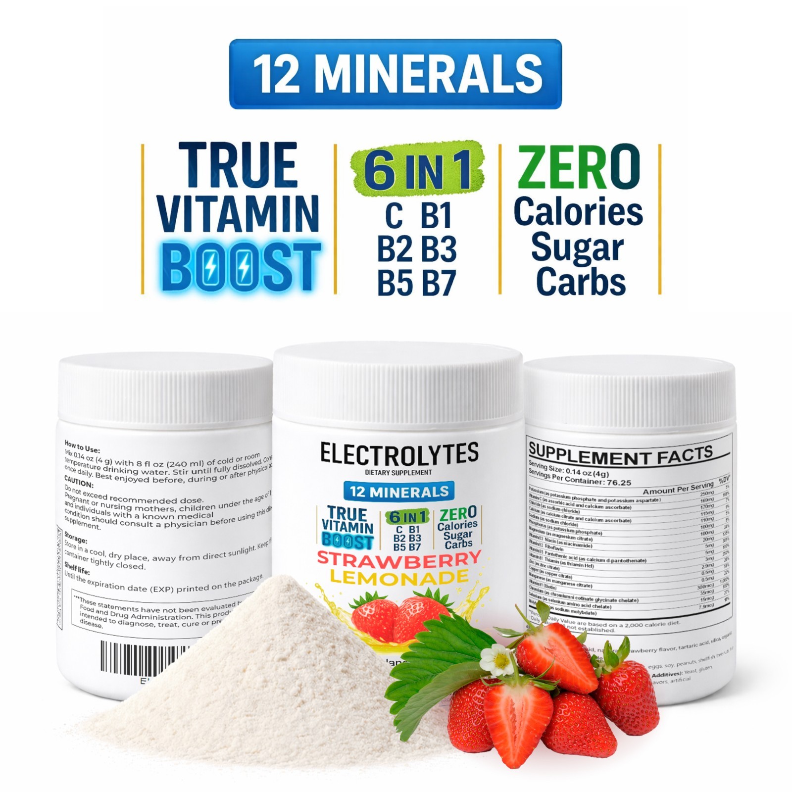 Electrolyte Complex Hydration Powder | 12 Minerals + 6 Vitamins | Strawberry