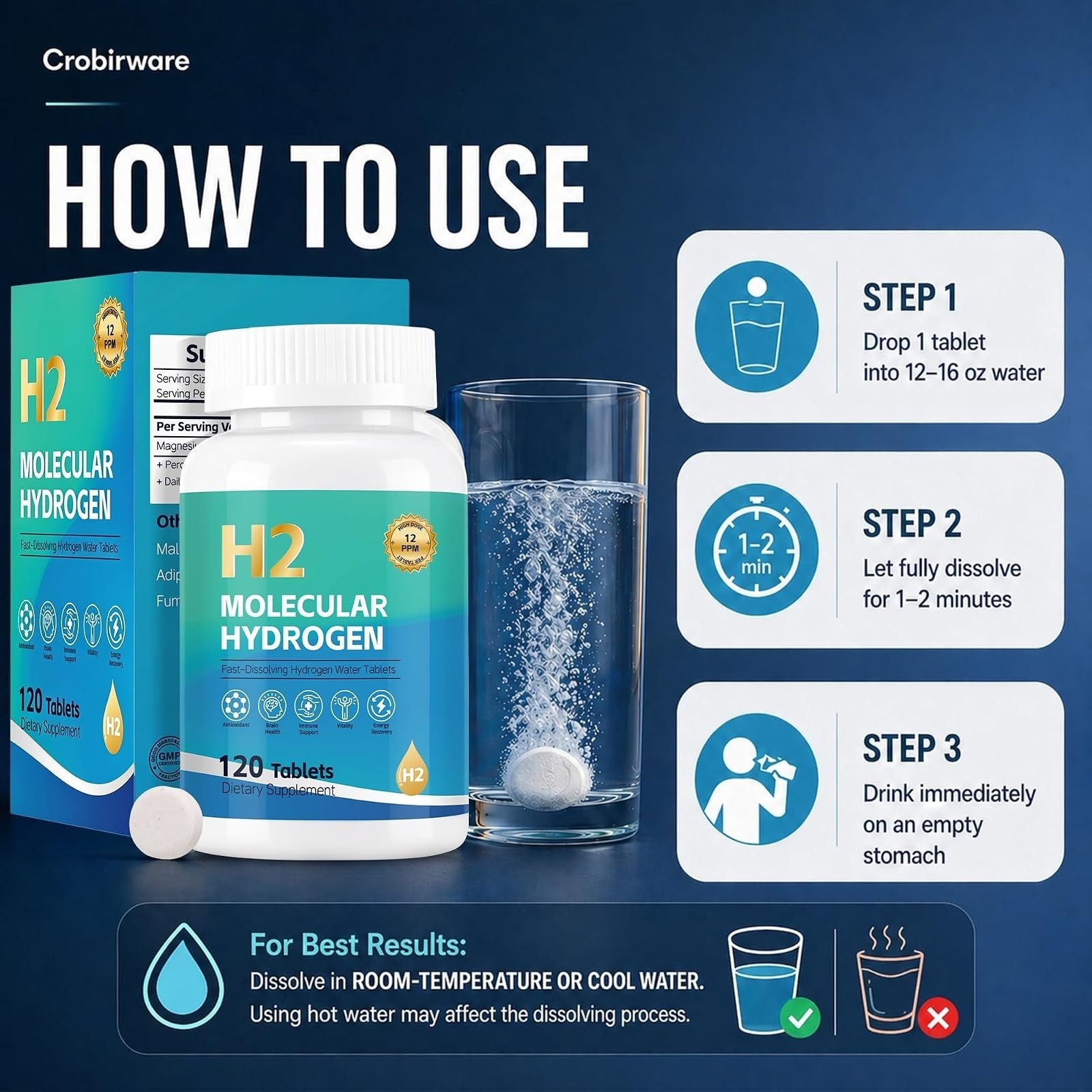 Crobirware Molecular Hydrogen Water Tablets, Raspberry Flavor, 120 Count