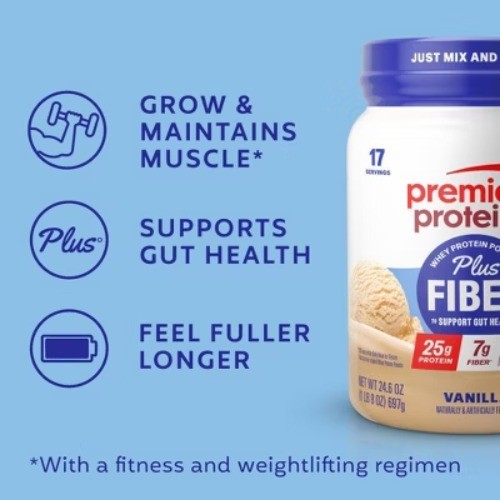 Premier Protein Plus Fiber Powder – Vanilla – Whey Protein – 24.6oz/17 Servings