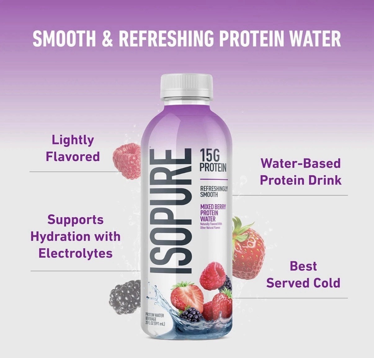 Isopure 15g Ultra-Filtered Protein Water: Mixed Berry Electrolytes- 12 Pack 20oz