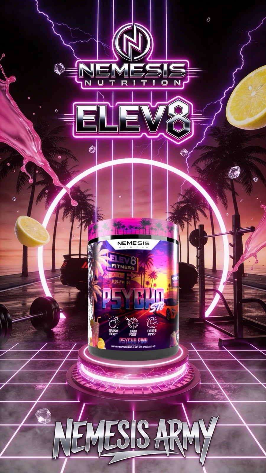 PSYCHO ST8 High Stim Nootropic Pre-Workout Nemesis Nutrition PINK LEMONADE