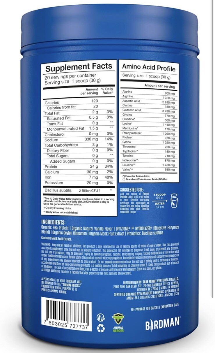 BIRDMAN Falcon Organic Vegan Protein Powder Vanilla, 24g Protein, Sugar Free
