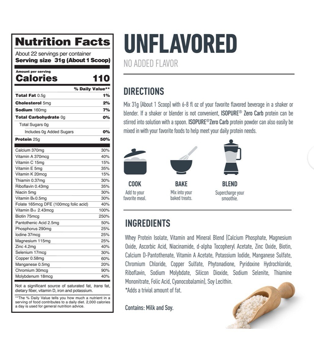 Isopure Zero Carb Protein, Unflavored, 25gProtein, 1.5 lbs.