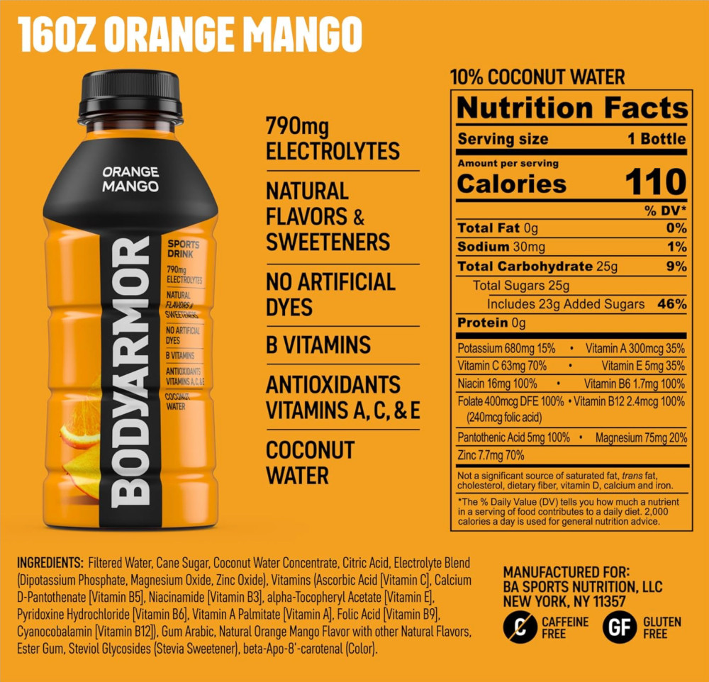 BODYARMOR Sports Drink, Orange Mango, Electrolyte Drink Hydration, 16 Fl Oz Bott