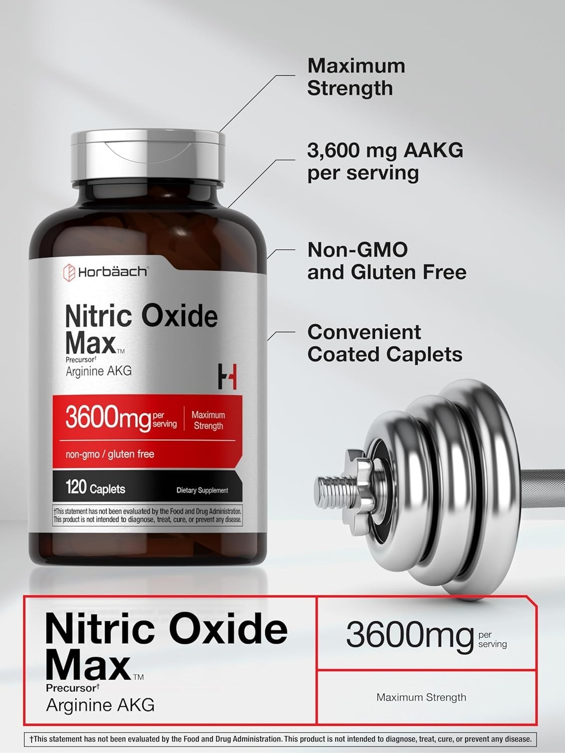 Horbäach Nitric Oxide Max 3600mg | 120 Caplets | with Arginine AAKG for Men…