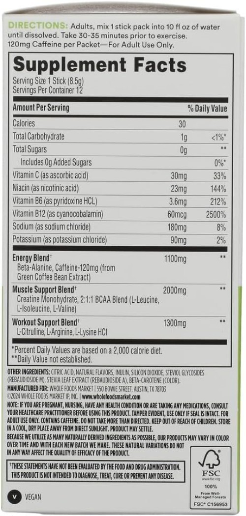 Zero Sugar Lemon Lime Pre-Workout Powder – 12 Convenient Packs, 3.6 Oz