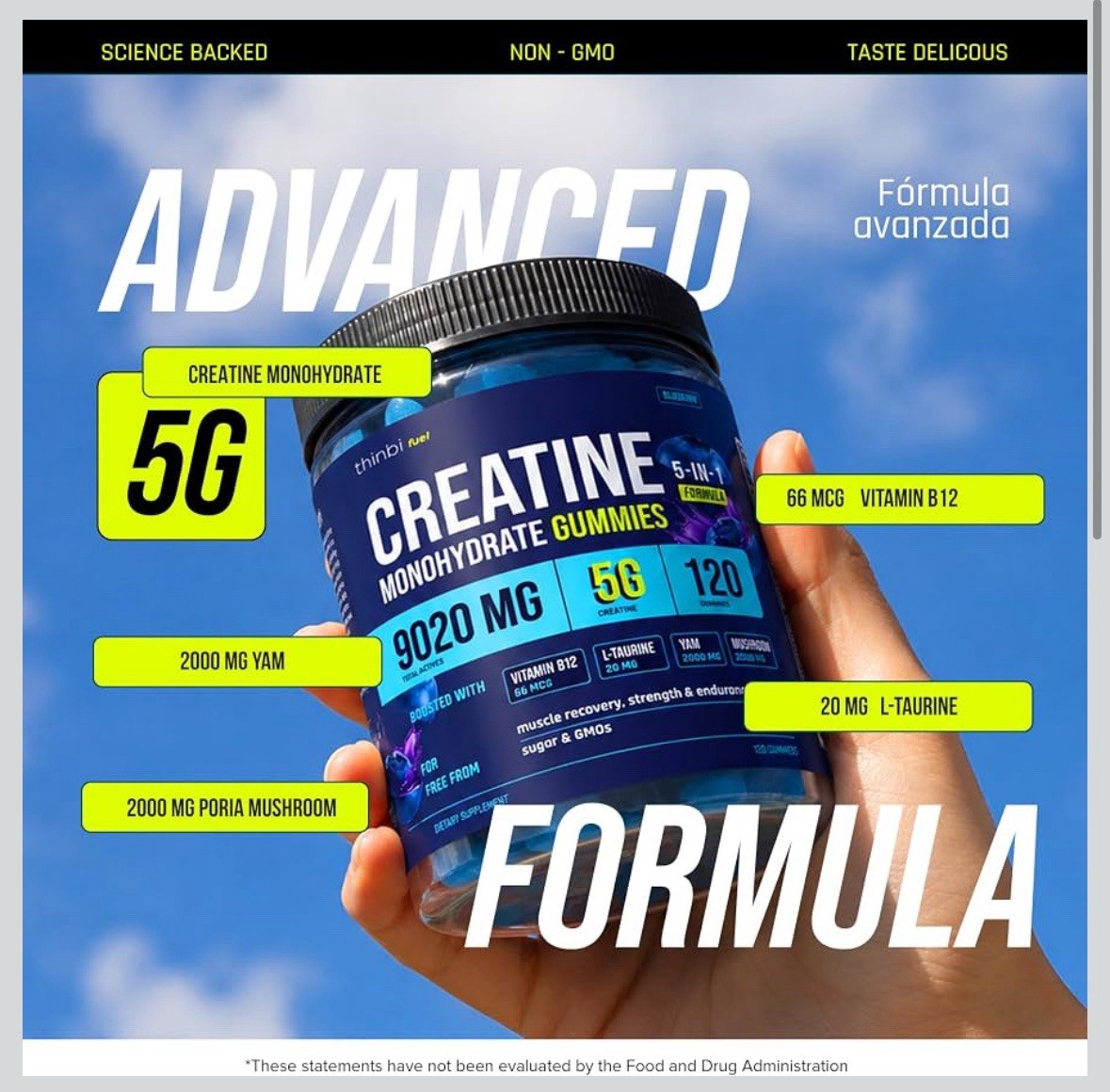 Thinbi Creatine Gummies 9020mg 5-in-1 5G Creatine Monohydrate B12 & L-Taurine
