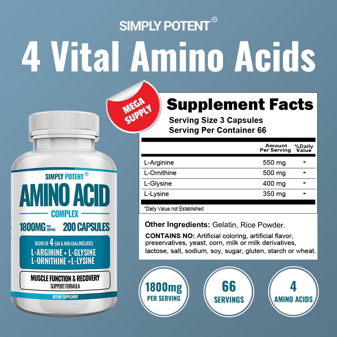 1800 mg BCAA Essential Amino Acid Complex | Energy & Muscle Recovery | 200 Caps