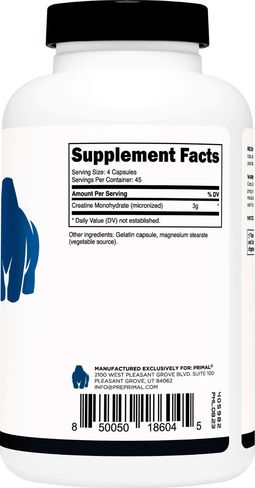 Primal Creatine Monohydrate 3,000 mg, 180 Caps – Micronized Non-GMO Creatine