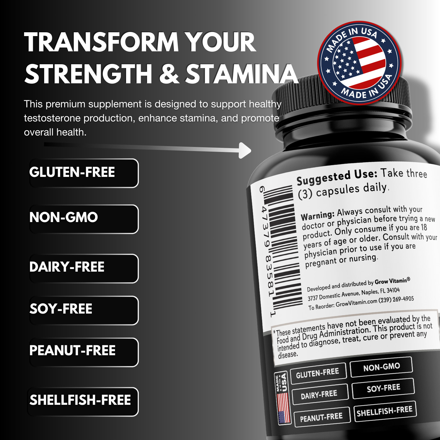 GROW T-TITAN Testo Booster + – Muscle Growth, Energy, Libido Capsules 90ct