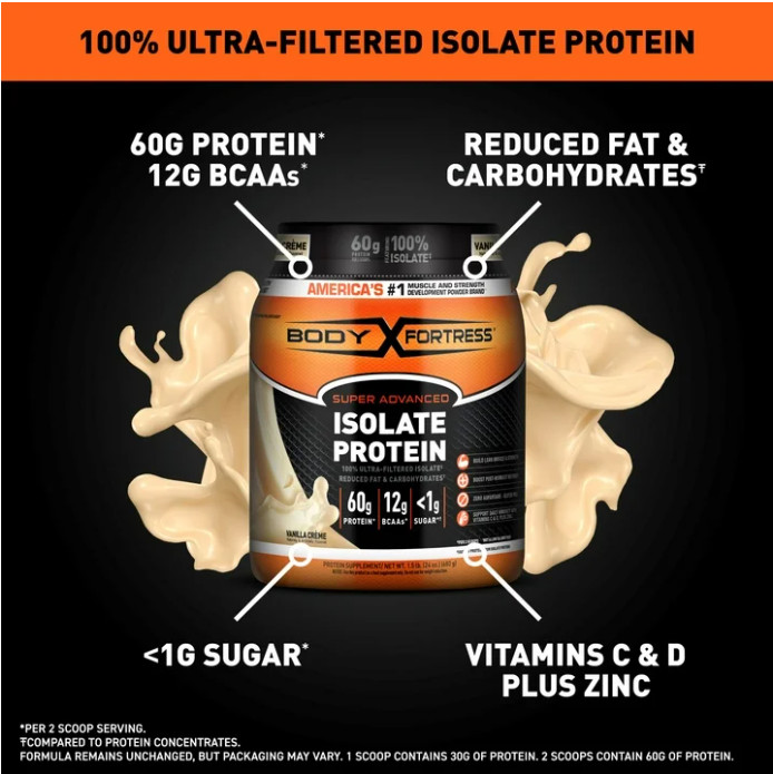 Body Fortress 100% Isolate Protein Powder, Vanilla, 1.5 lb, 60g Protein