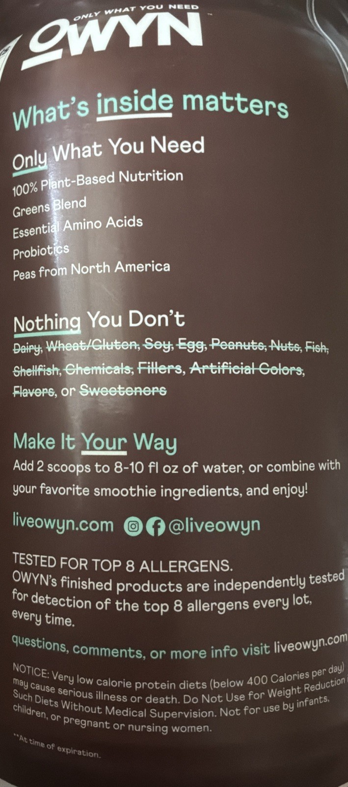 OWYN Only What You Need Chocolate Protein 2.2 Lb Plant Based Greens Vegan Nongmo
