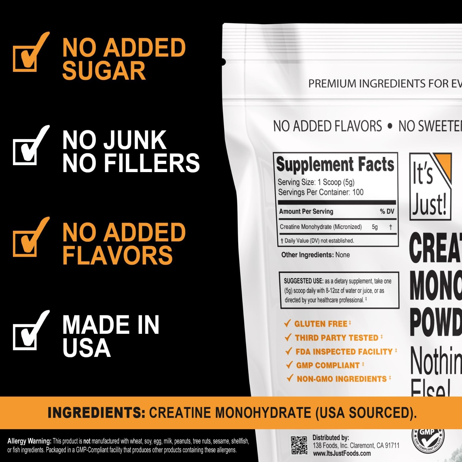 Pure Creatine Monohydrate Powder – 5g/Serving, Unflavored, 500g, Lab Tested, No