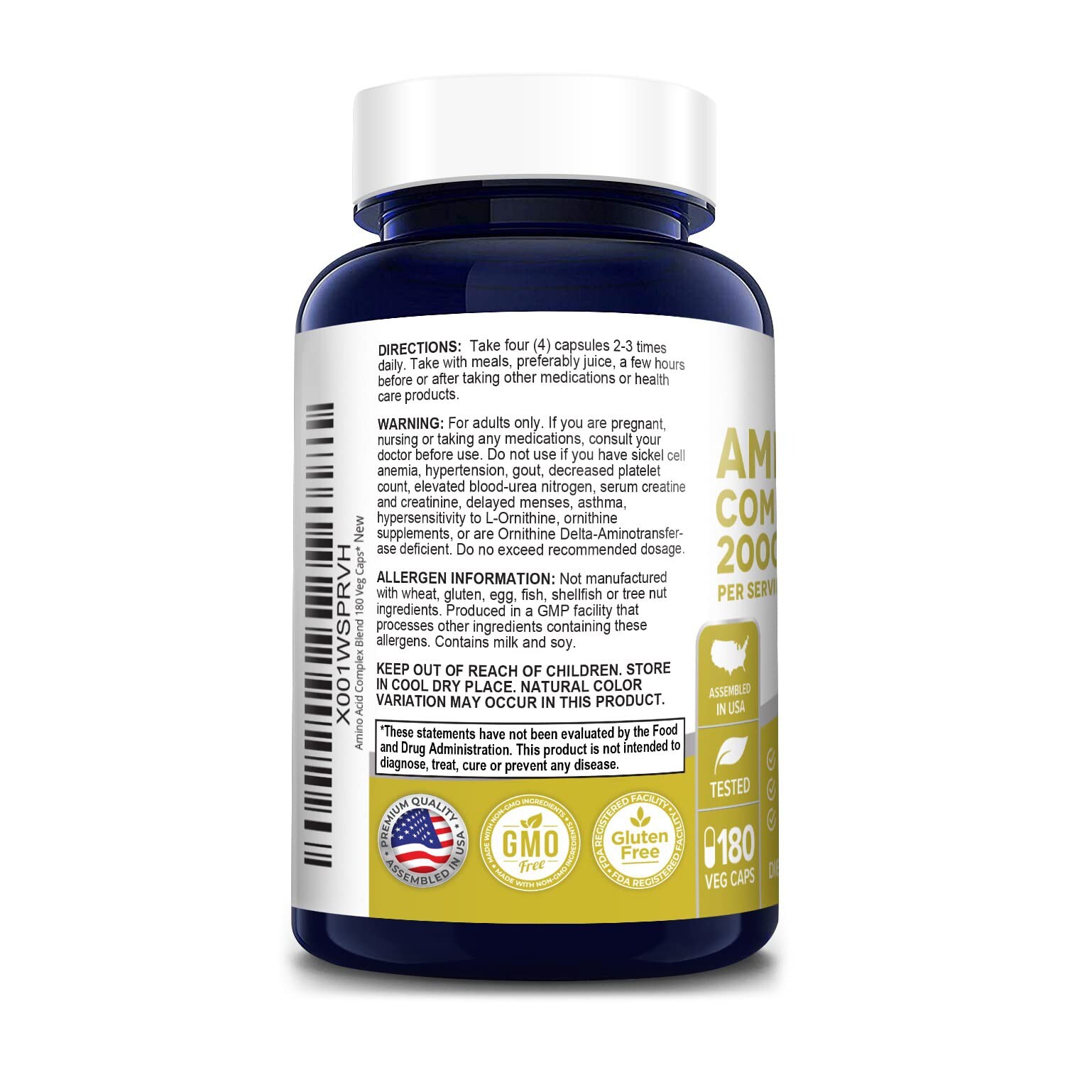 NusaPure Amino Acid Complex Blend 2000 mg-180 Caps (Non-GMO & Gluten-Free)