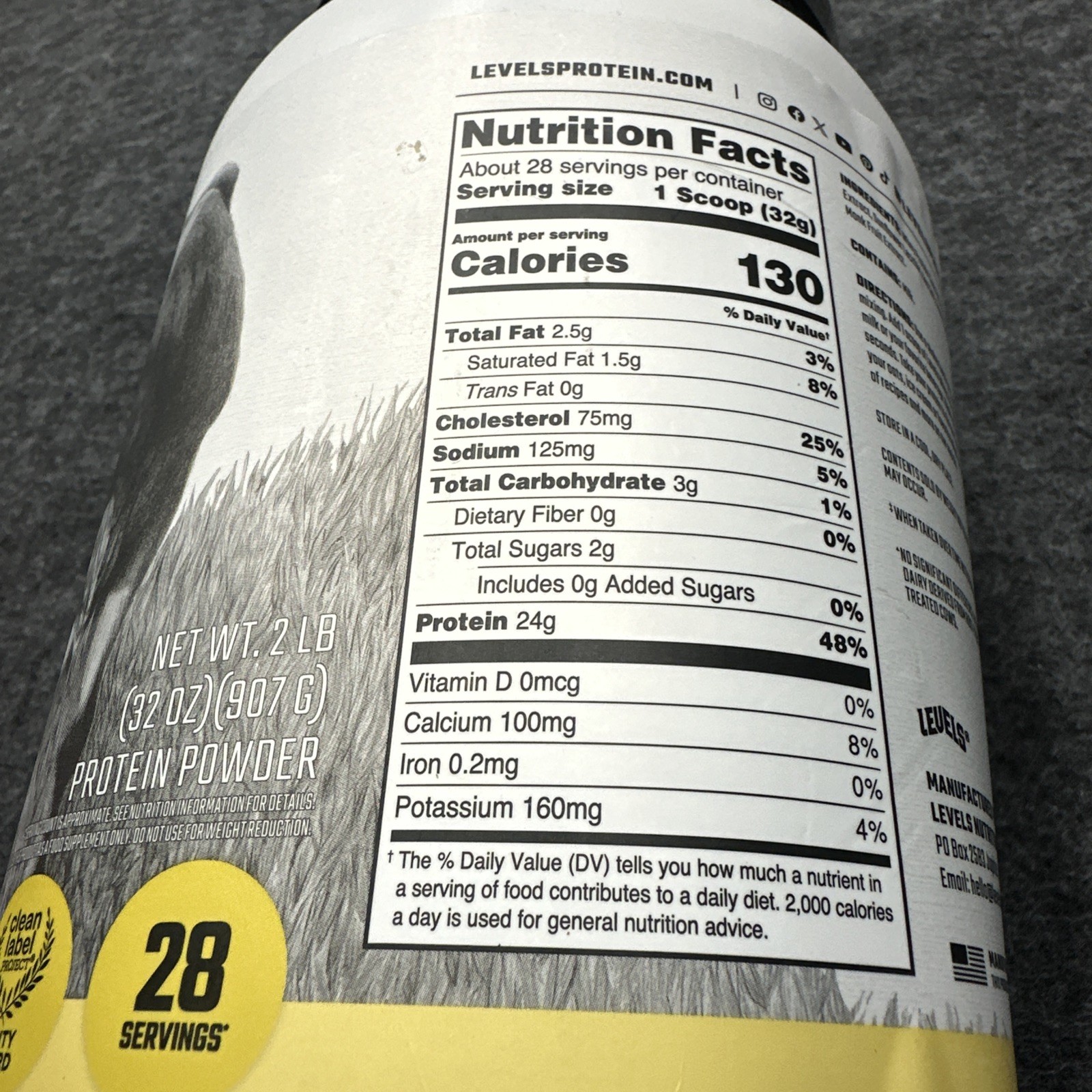 Levels Grass Fed Whey Protein Vanilla Bean 2LB 24g Protein