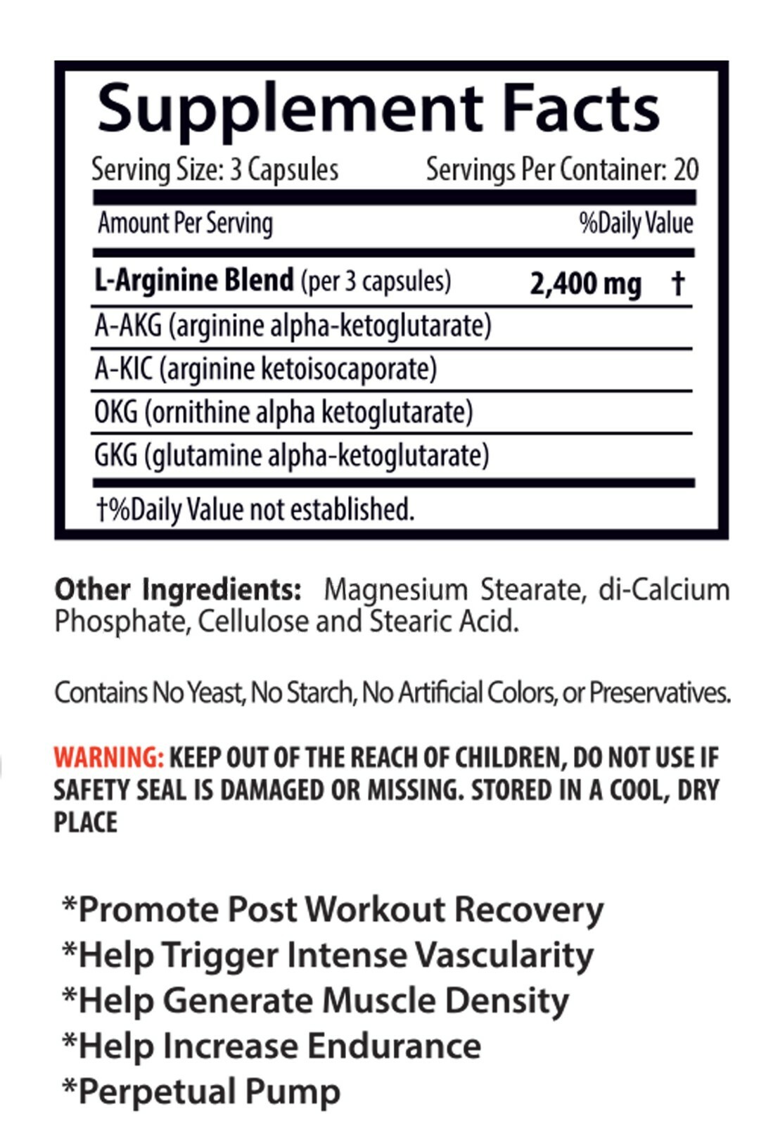 L-Arginine Pre Workout – Nitric Oxide 2400mg – Muscle grow 1 Bottle 60 Capsules